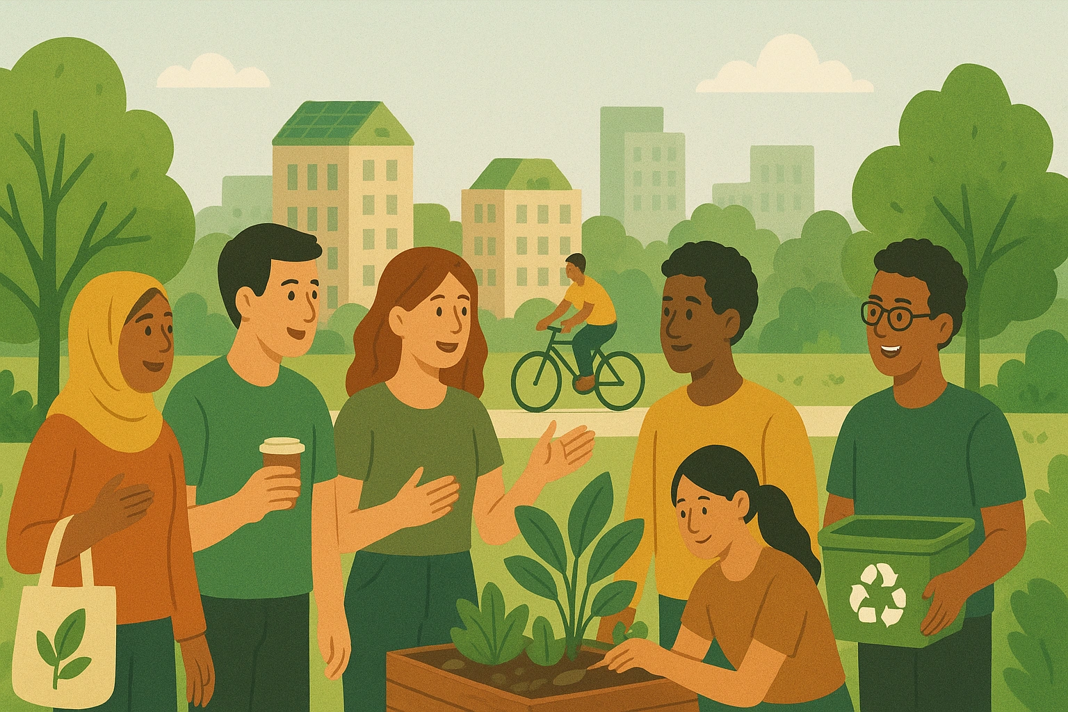 Illustration of a diverse urban community connecting, sharing ideas, and practicing sustainable living with greenery and eco-friendly habits.