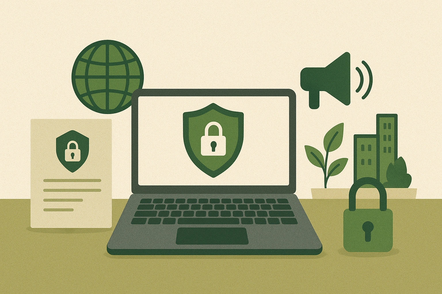 Illustration of a secure digital workspace with privacy and data protection icons, symbolizing trust, transparency, and sustainable urban life.