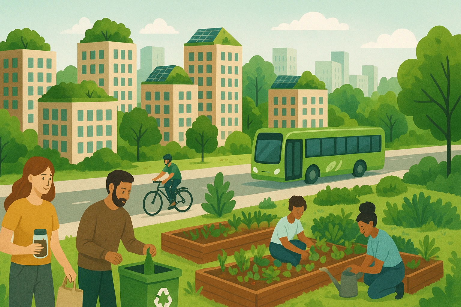 Illustration of a sustainable urban city with green rooftops, community gardens, eco-friendly transportation, and people practicing zero waste lifestyle.