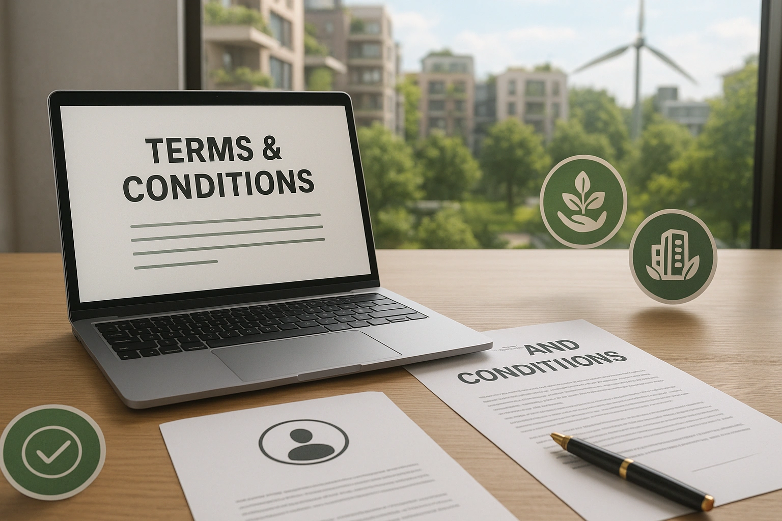 Illustration of a workspace with legal documents, laptop, and icons representing terms, conditions, and responsible community use in a sustainable urban setting.