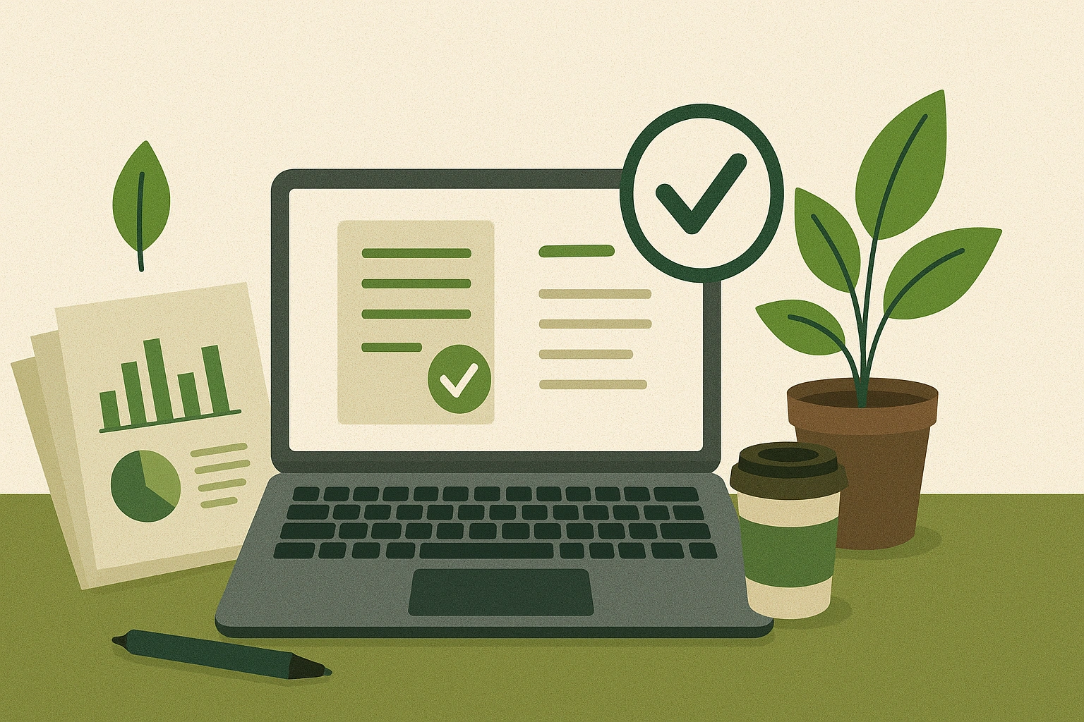 Illustration of an urban workspace with documents, laptop, and eco-friendly elements, representing transparency, accuracy, and responsible information.