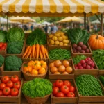 Thumbnail showing a lively farmers’ market filled with seasonal fruits and vegetables, symbolizing local sustainable food choices that support health, community, and the environment.