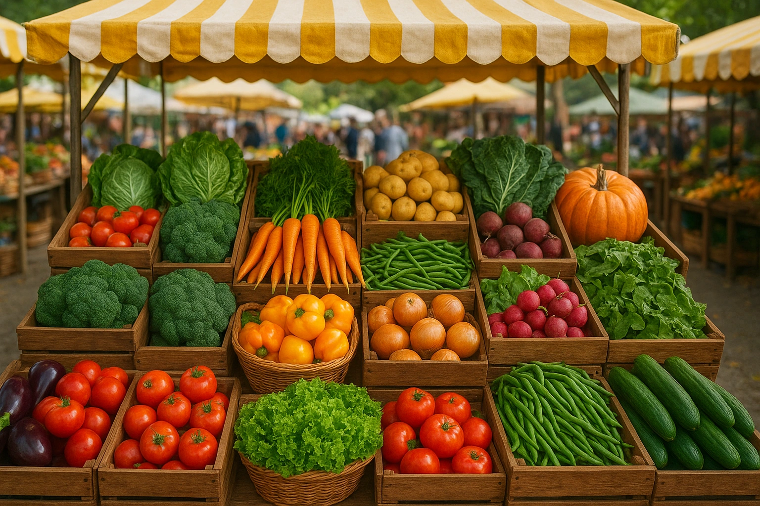 Thumbnail showing a lively farmers’ market filled with seasonal fruits and vegetables, symbolizing local sustainable food choices that support health, community, and the environment.