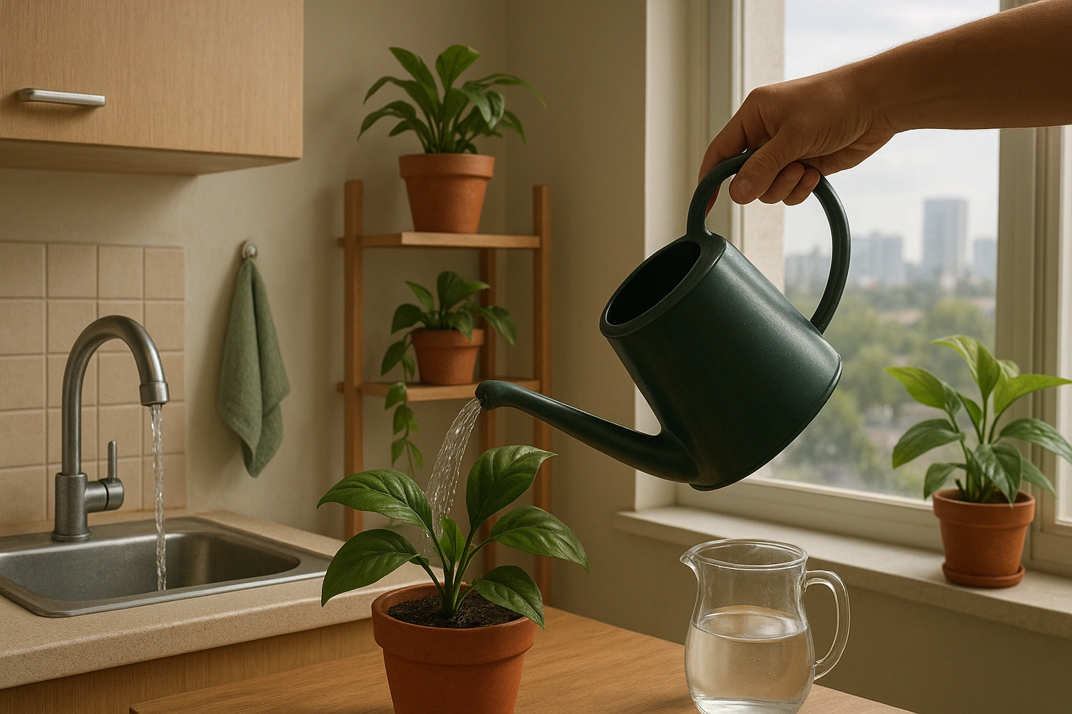 Illustration of an eco-friendly city apartment showing practical urban water saving tips, including low-flow faucets, indoor plants being watered with a watering can, and water collection in a pitcher, emphasizing sustainable living in small urban spaces.