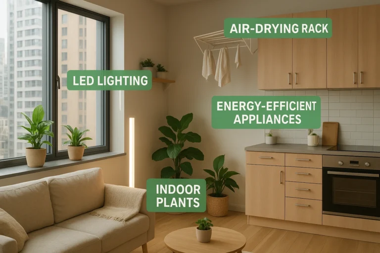 Thumbnail showing a modern urban apartment highlighting energy saving urban tips, including LED lighting, indoor plants, energy-efficient appliances, and an air-drying rack, symbolizing eco-friendly and sustainable living in the city.