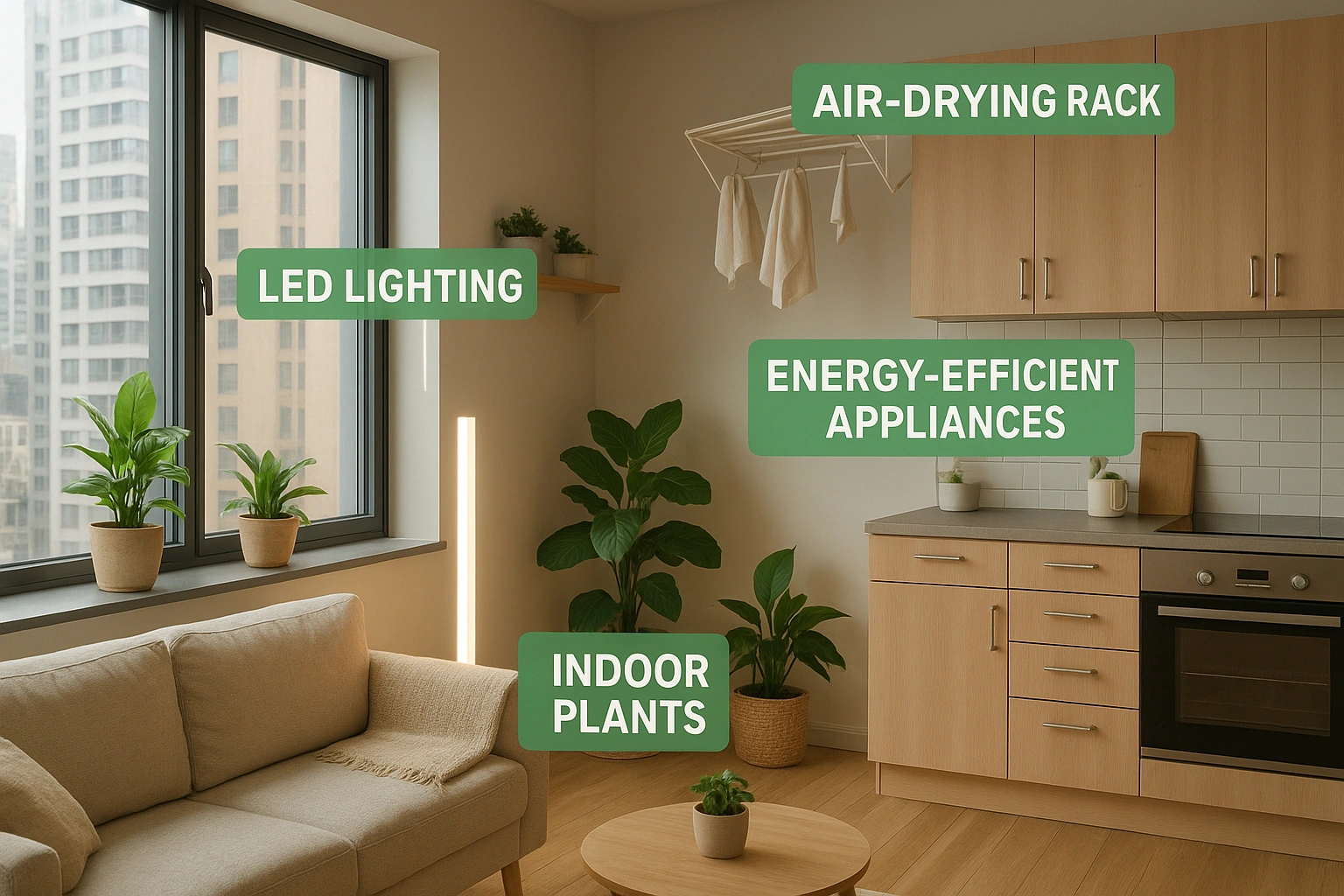 Thumbnail showing a modern urban apartment highlighting energy saving urban tips, including LED lighting, indoor plants, energy-efficient appliances, and an air-drying rack, symbolizing eco-friendly and sustainable living in the city.