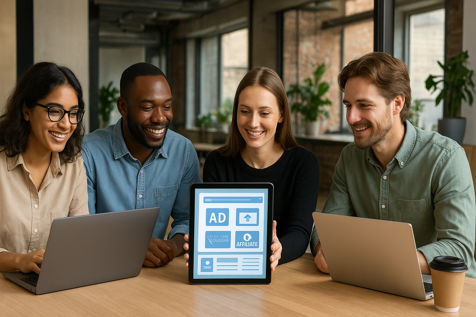 Diverse group in a modern urban workspace using laptops and tablets, reviewing website content with visible ad and affiliate icons. Scene highlights transparency, honesty, trust, community engagement, and sustainable digital practices.