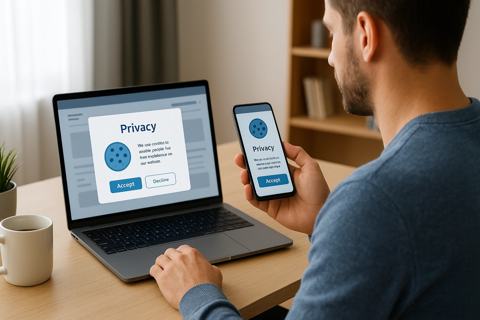 Person at a modern desk using a laptop and smartphone with a website cookie consent pop-up visible. Scene highlights privacy, transparency, digital trust, and responsible online practices in a realistic indoor environment.