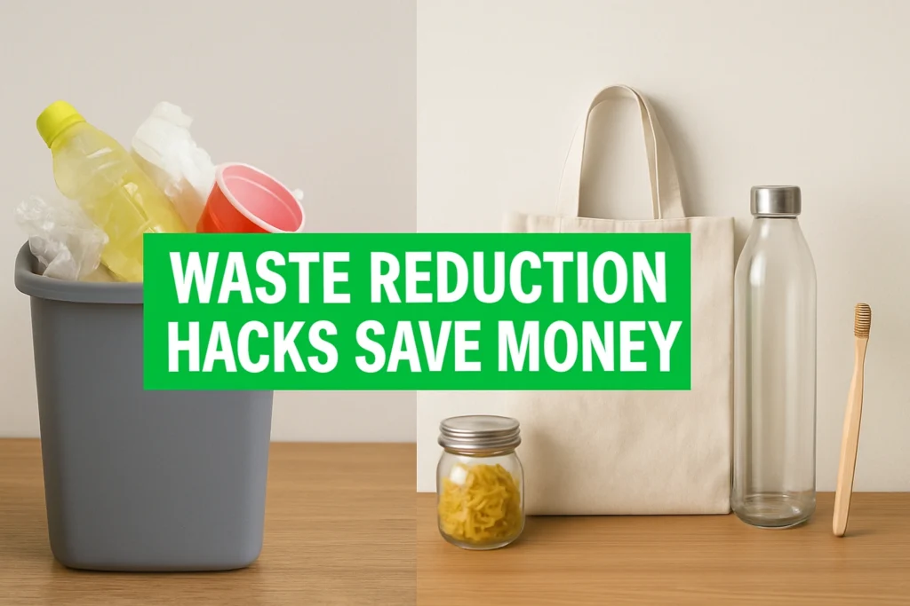 Thumbnail showing a comparison between a cluttered trash can with disposable items and neatly organized reusable items, highlighting 'Waste Reduction Hacks Save Money' for eco-friendly and budget-conscious living.