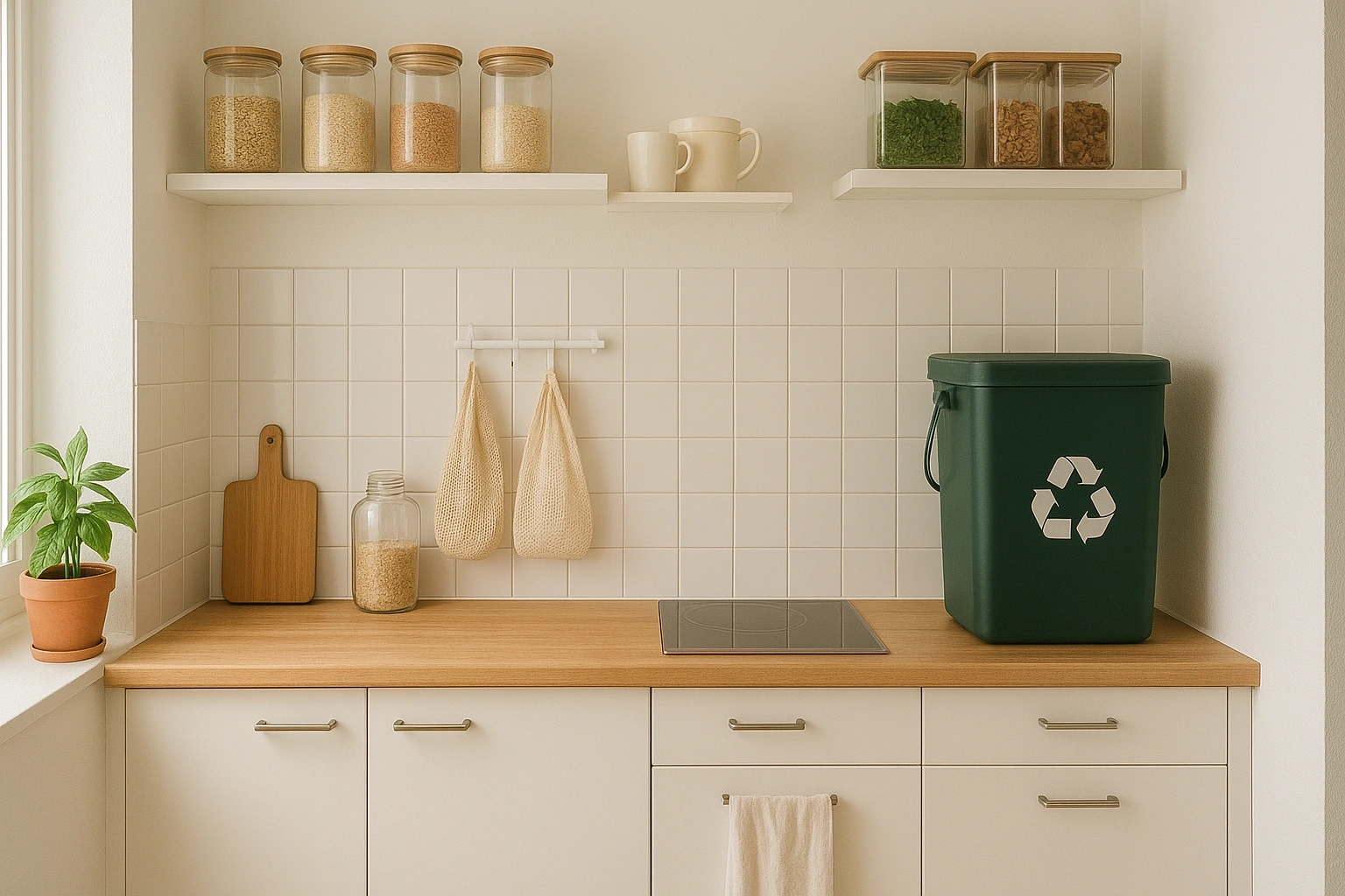 Small apartment kitchen showcasing organized storage, reusable containers, and a compost bin, illustrating practical waste reduction hacks for eco-friendly urban living.