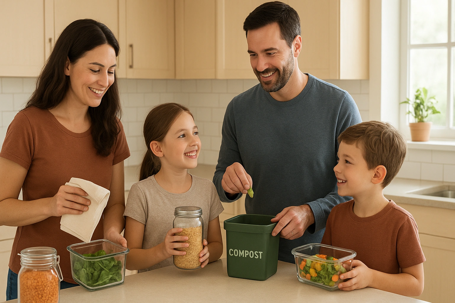 Illustration of a happy family practicing affordable waste reduction tips in a tidy kitchen, using reusable containers, cloth napkins, and a small compost bin, highlighting sustainable and budget-friendly family living