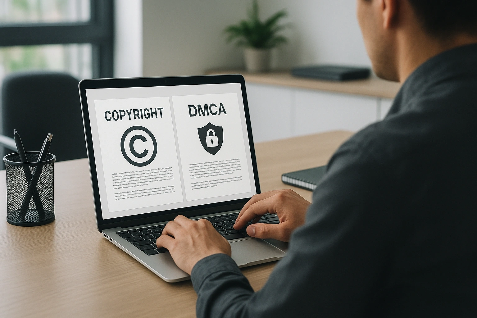 Person at a modern desk reviewing copyright and DMCA documents on a laptop. Scene highlights digital content protection, intellectual property respect, and legal responsibility in a realistic office environment.