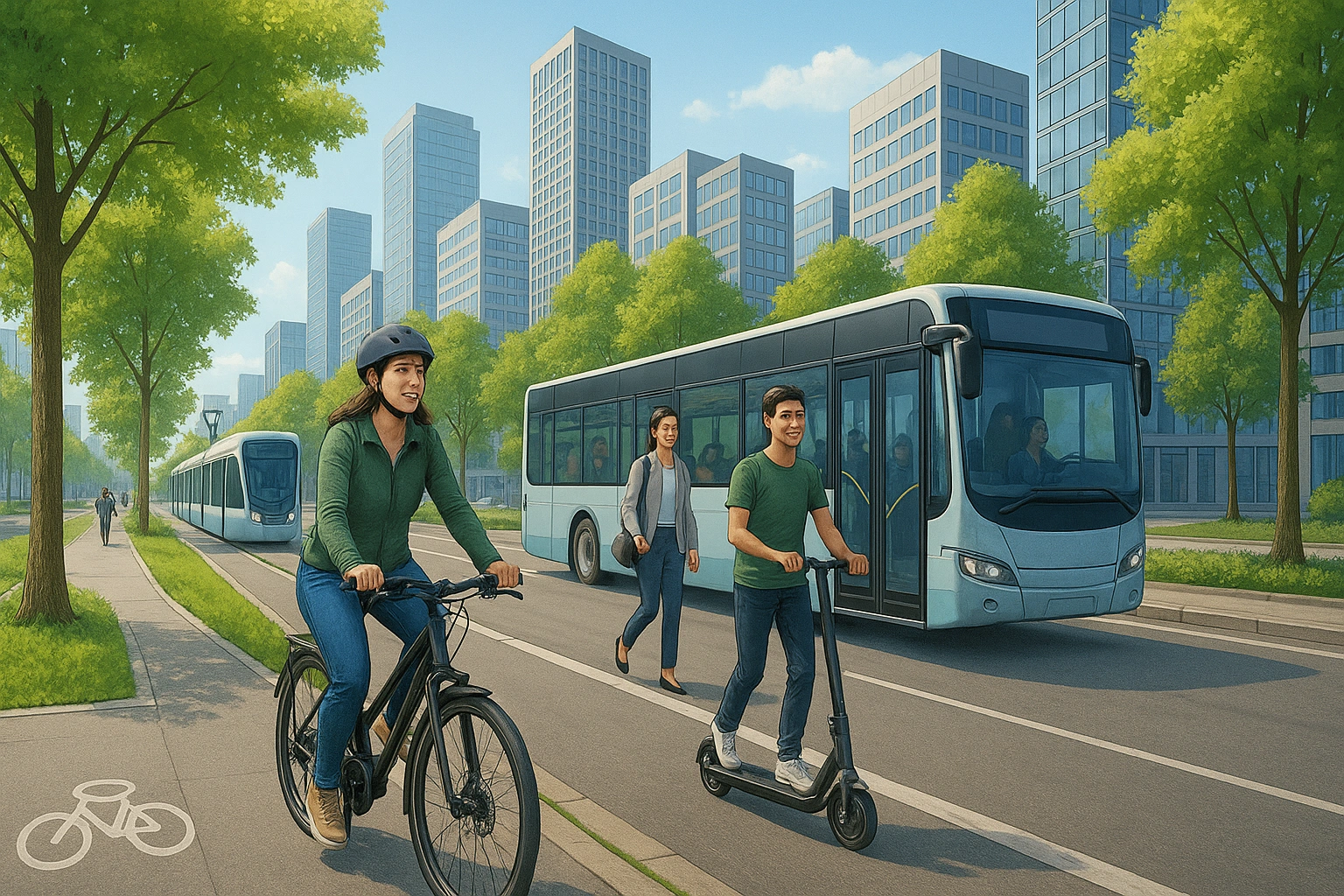 Illustration of a modern city with people using sustainable transport: cycling, walking, taking public transit, and riding an e-scooter, promoting eco transport tips and cleaner urban mobility.