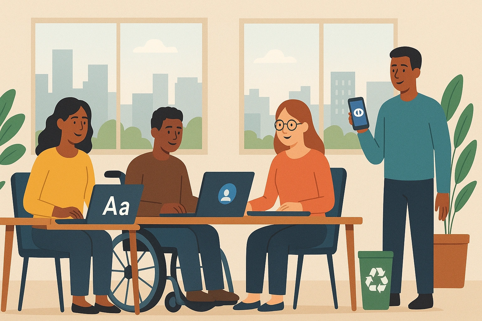 Diverse group in a modern urban workspace using laptops and smartphones with accessible interfaces, large fonts, and assistive devices. Scene highlights digital accessibility, inclusivity, sustainable urban life, and zero waste principles.