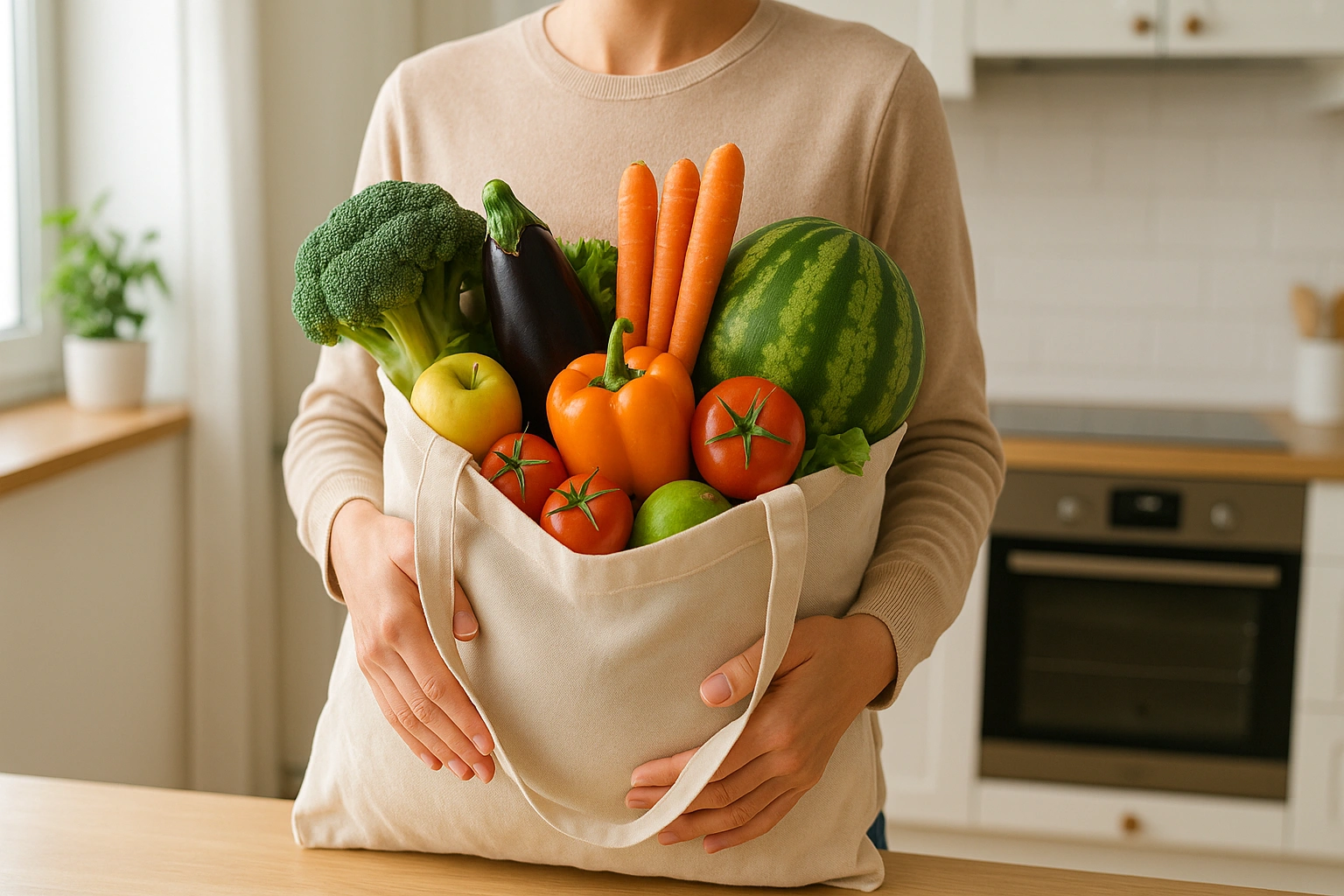 Person holding a reusable shopping bag filled with fresh, seasonal fruits and vegetables in a bright kitchen, illustrating sustainable food choices and eco-friendly eating habits