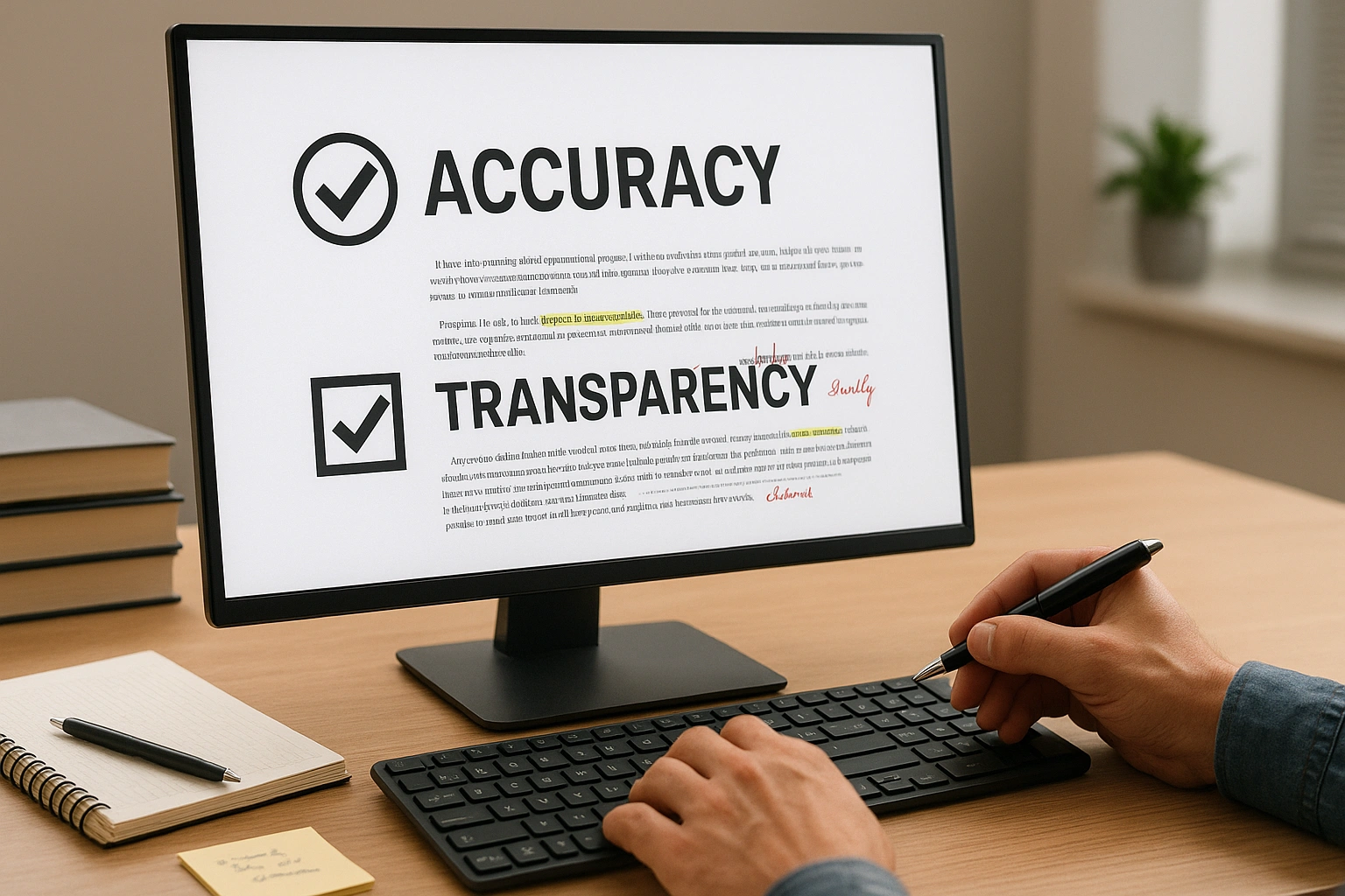 Person at a desk reviewing and editing documents on a computer with notes and books around, symbolizing accuracy, transparency, and content updates in a realistic office setting.