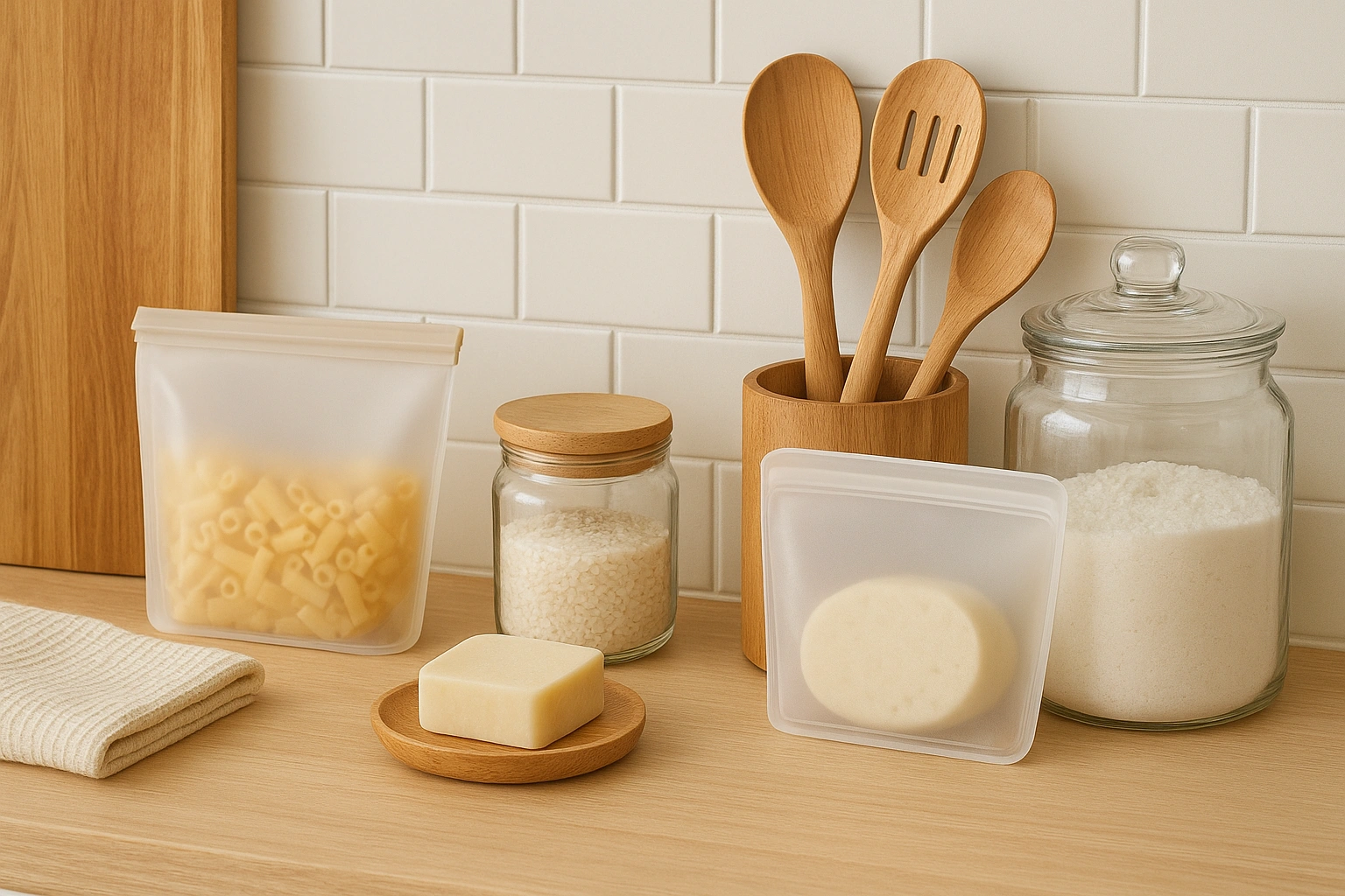 A beautiful, organized kitchen featuring various eco-friendly products like silicone bags and solid dish soap.