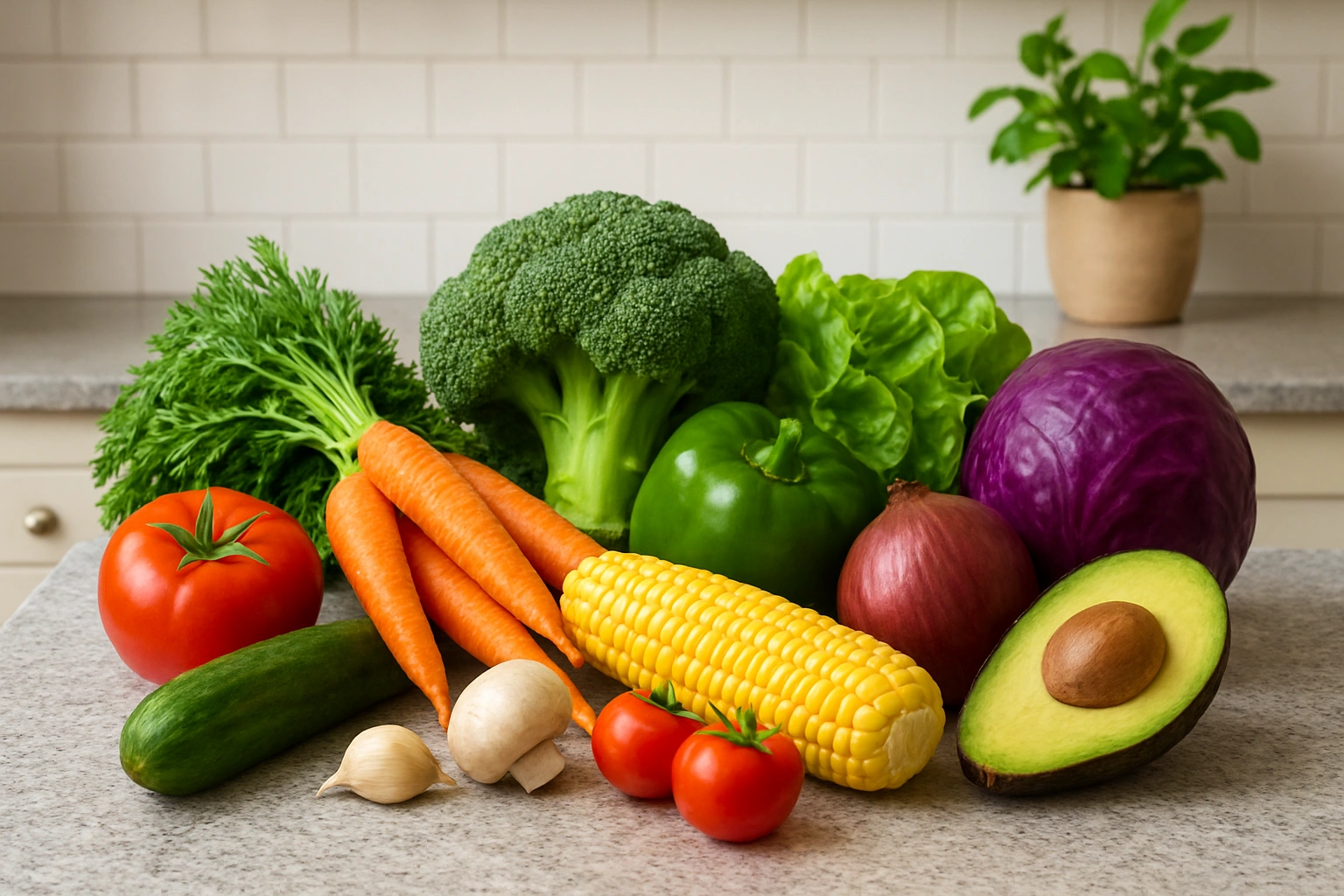 A beautiful spread of fresh, colorful, and sustainably sourced vegetables on a kitchen counter.
