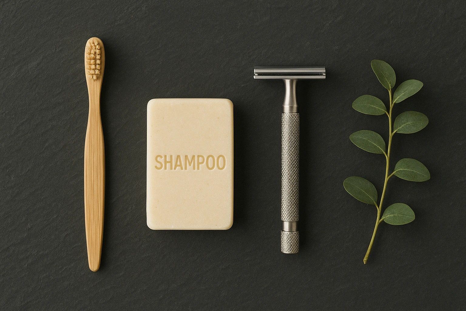 A beautifully arranged selection of eco friendly bathroom products like a bamboo toothbrush, solid shampoo bar, and a safety razor on a slate countertop.