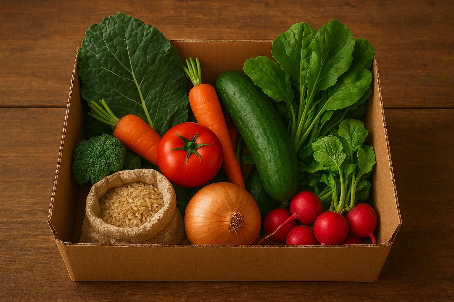 A box of freshly harvested vegetables from a CSA program, illustrating a key part of local sustainable food choices.
