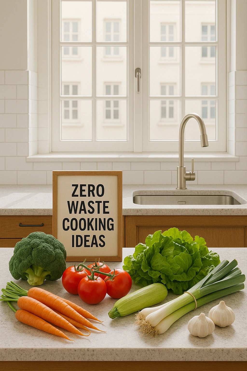 A bright and clean urban kitchen with fresh vegetables on the counter, symbolizing zero waste cooking ideas.