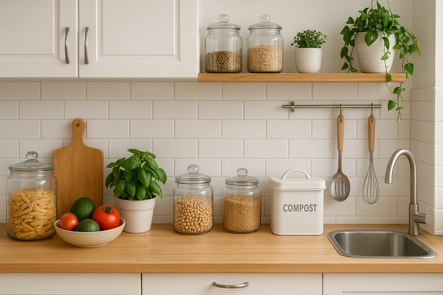 A bright and organized urban kitchen showcasing key waste reduction kitchen hacks like glass storage jars and fresh produce.