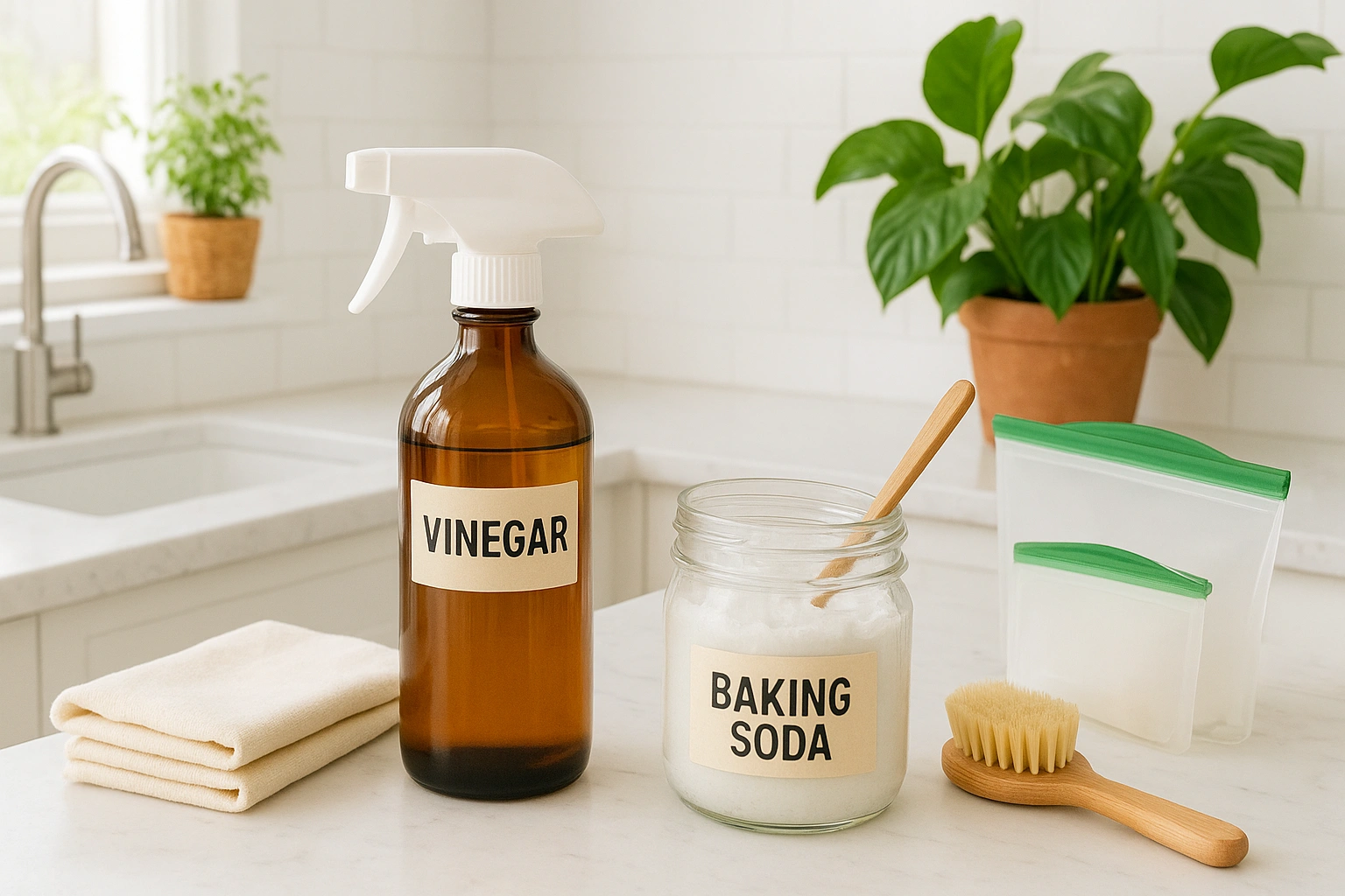 A bright, clean kitchen with plants and natural cleaning supplies, showcasing eco-friendly cleaning products.
