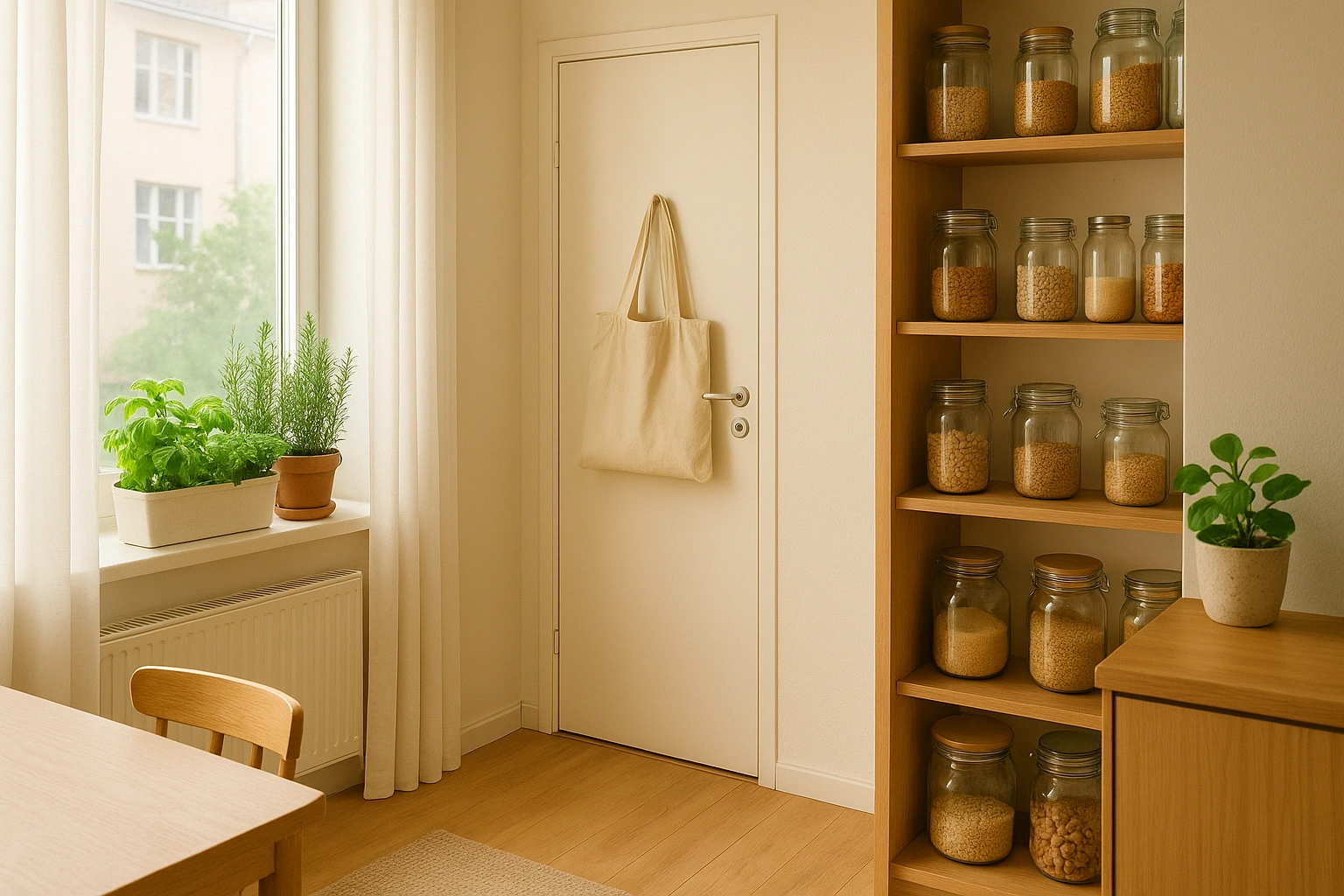 A bright, cozy apartment with clever sustainable features like a windowsill herb garden, reusable bags by the door, and glass jars in the pantry.