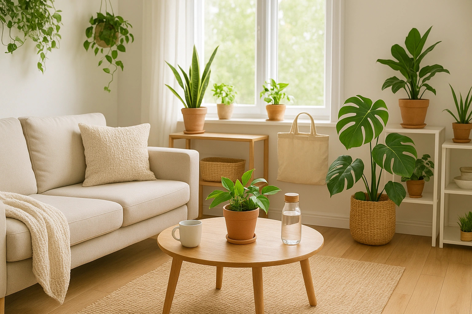 A bright, modern home filled with plants and natural light, representing a lifestyle with eco-friendly products.