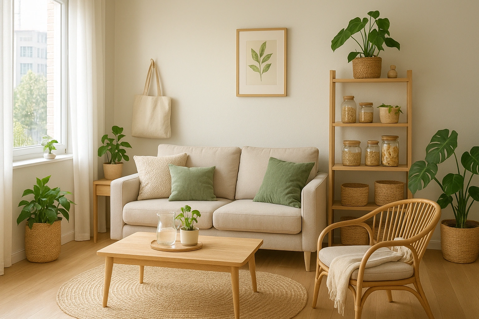 A bright, organized, and stylish living room showcasing eco friendly small spaces.