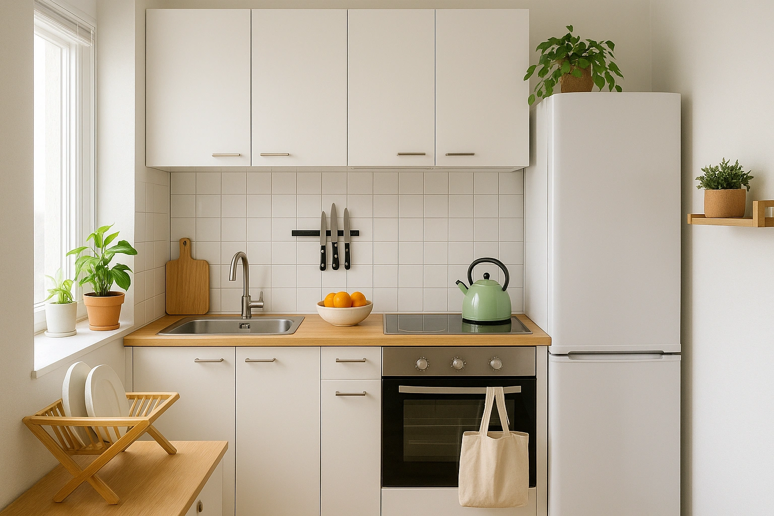 A bright, organized small apartment kitchen, illustrating the goal of eco friendly apartment living.