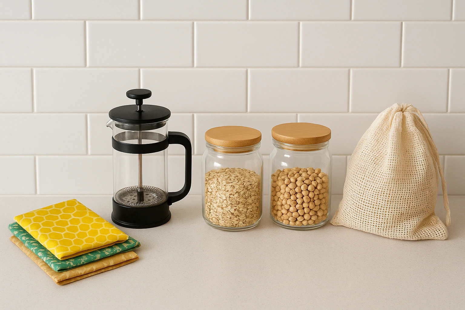 A clean, organized kitchen counter displaying eco friendly kitchen products like beeswax wraps, a French press, and bulk food in glass jars.