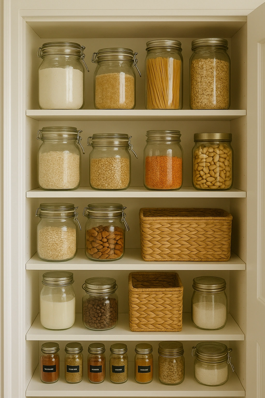 A clean, organized kitchen pantry using glass jars for bulk foods, a core principle of zero waste plastic reduction hacks.
