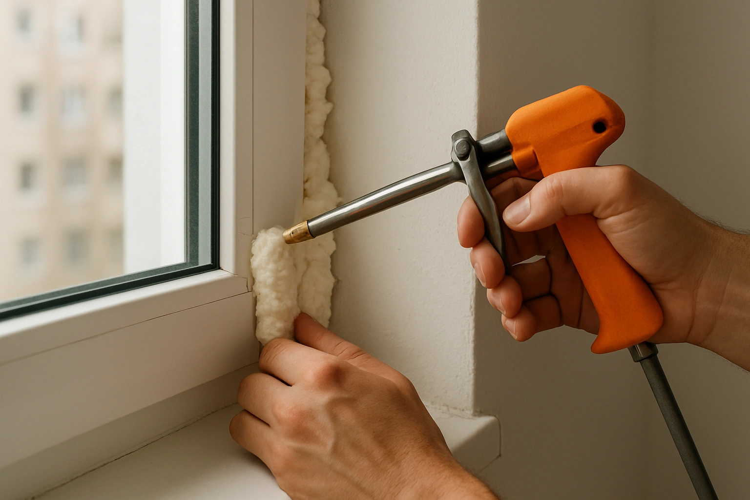 A close-up of hands applying foam insulation to a window frame, one of the key energy saving urban tips for apartments.
