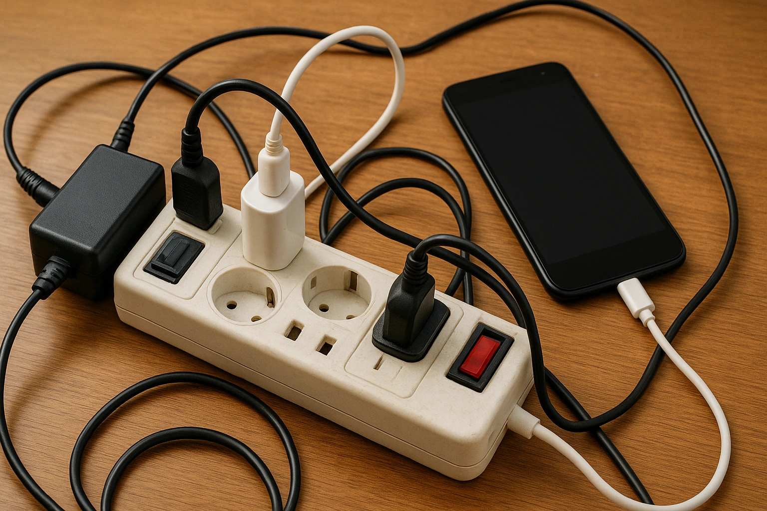 A cluttered power strip with vampire electronics, illustrating a common energy-wasting mistake to avoid.