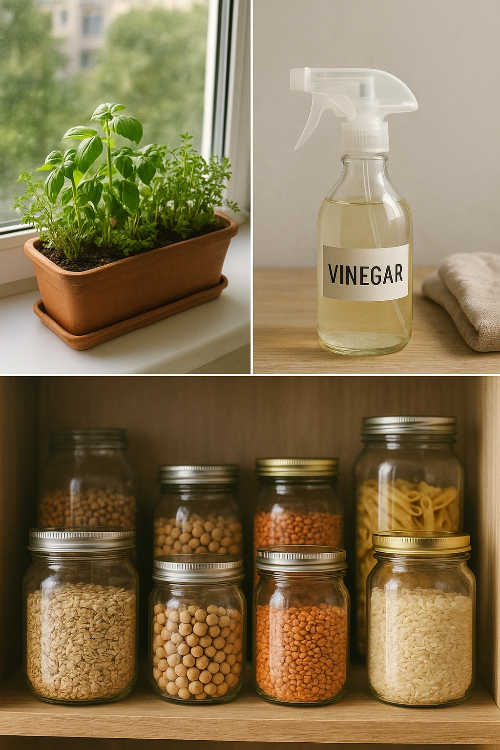 A collage of key urban sustainability hacks, including a windowsill garden, a vinegar spray bottle, and pantry jars.