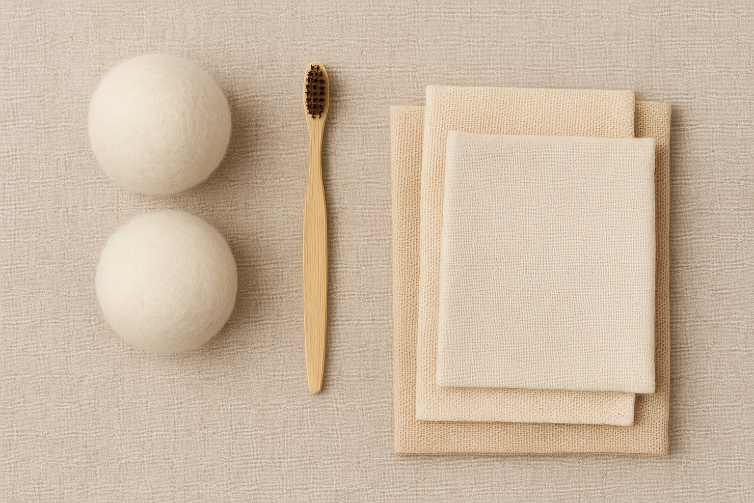 A collection of affordable eco friendly products like wool dryer balls, a bamboo toothbrush, and reusable cleaning cloths.