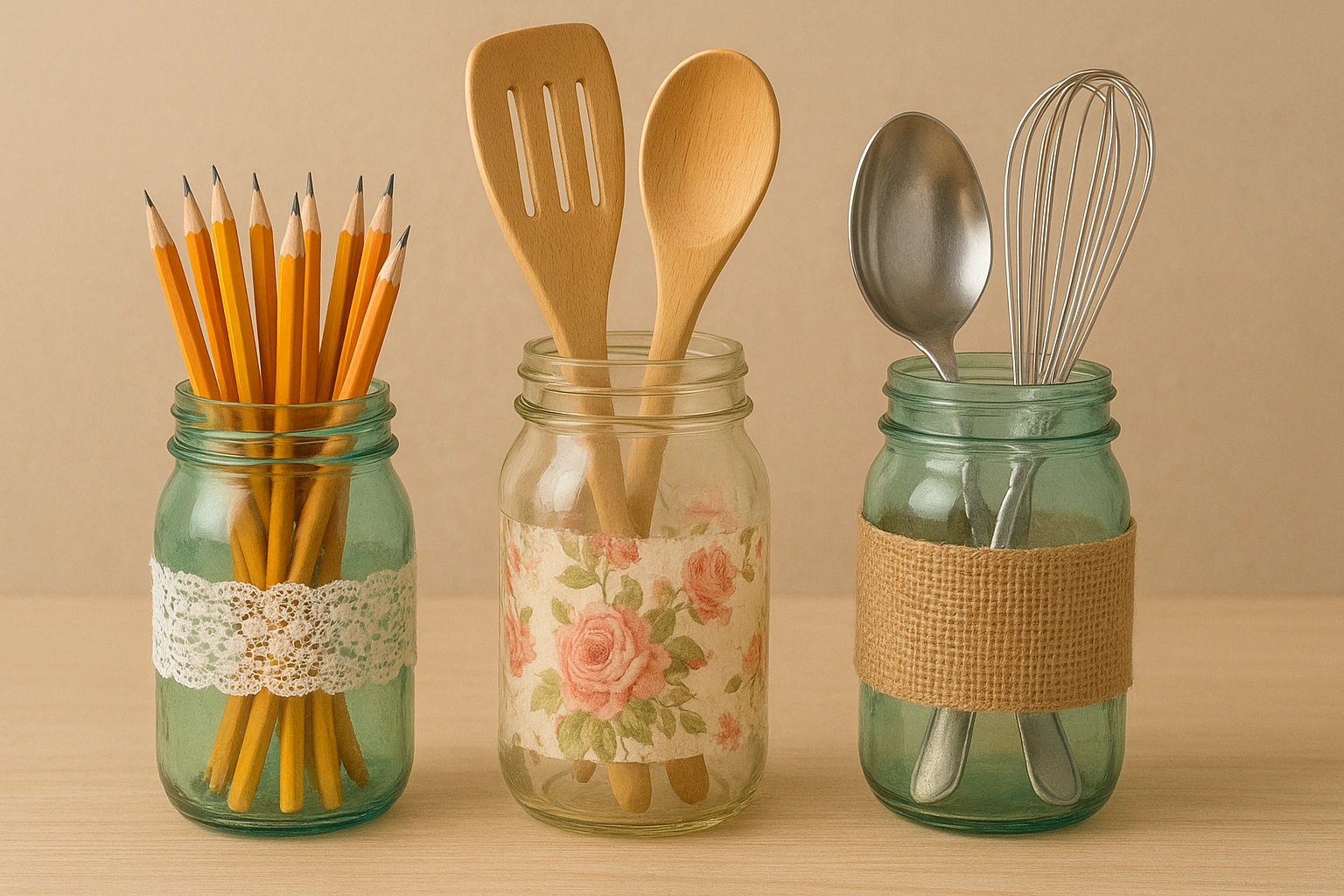A collection of beautifully decorated glass jars being reused as organizers for pencils and kitchen utensils, a prime example of DIY waste reduction hacks.