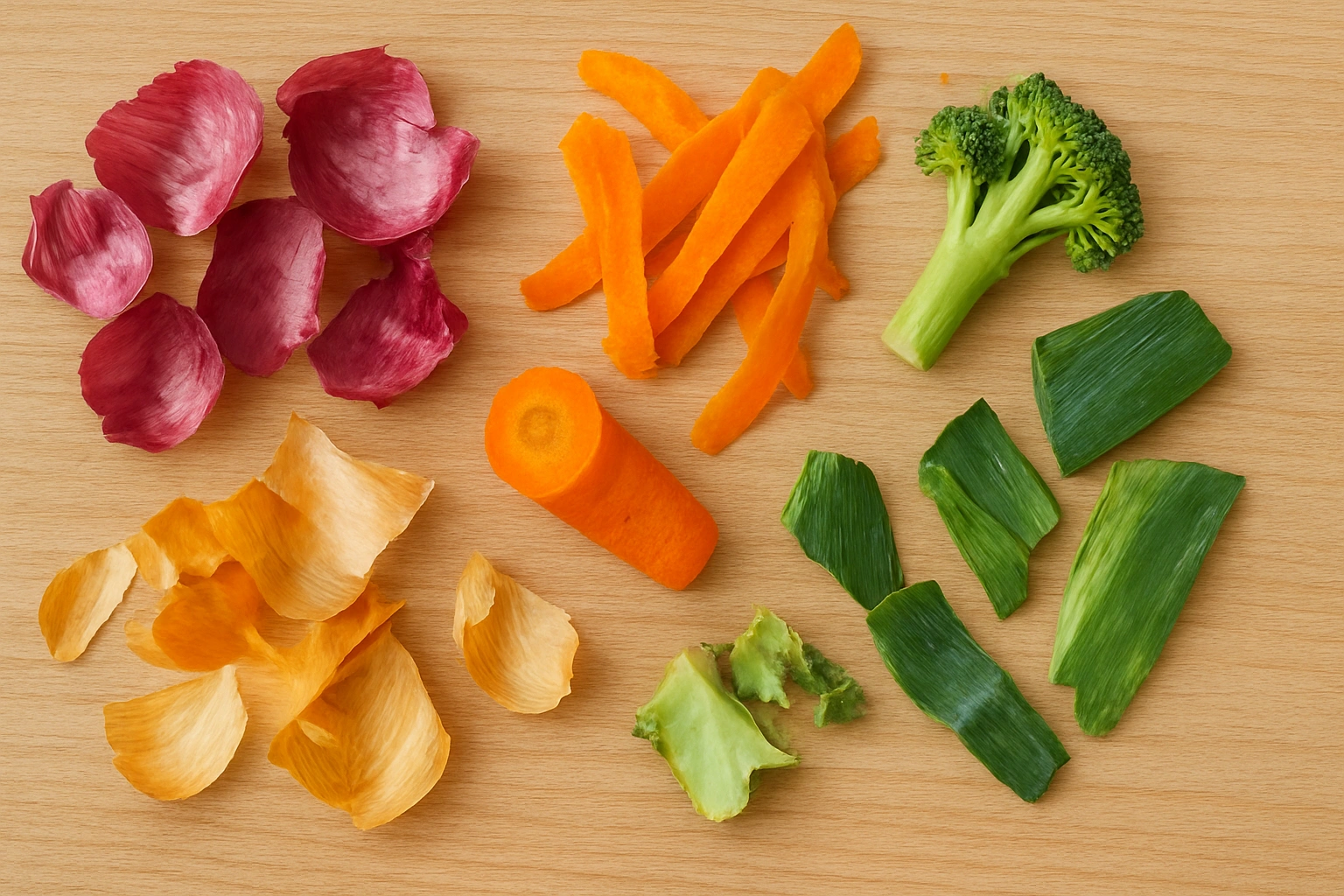 A collection of colorful vegetable scraps like onion peels and carrot ends ready to be used in zero waste cooking ideas.