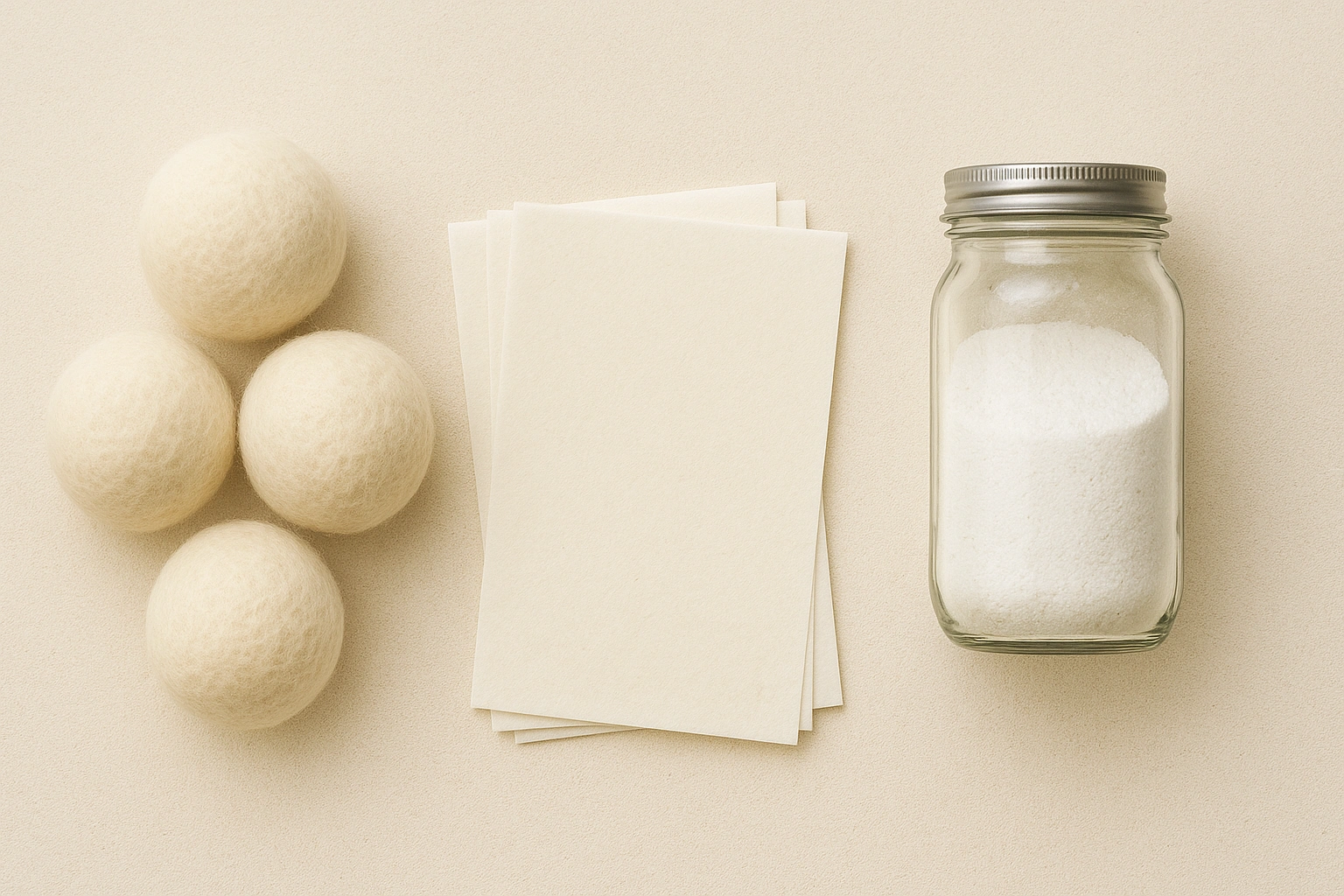 A collection of green living essentials for cleaning, including wool dryer balls and laundry detergent sheets.
