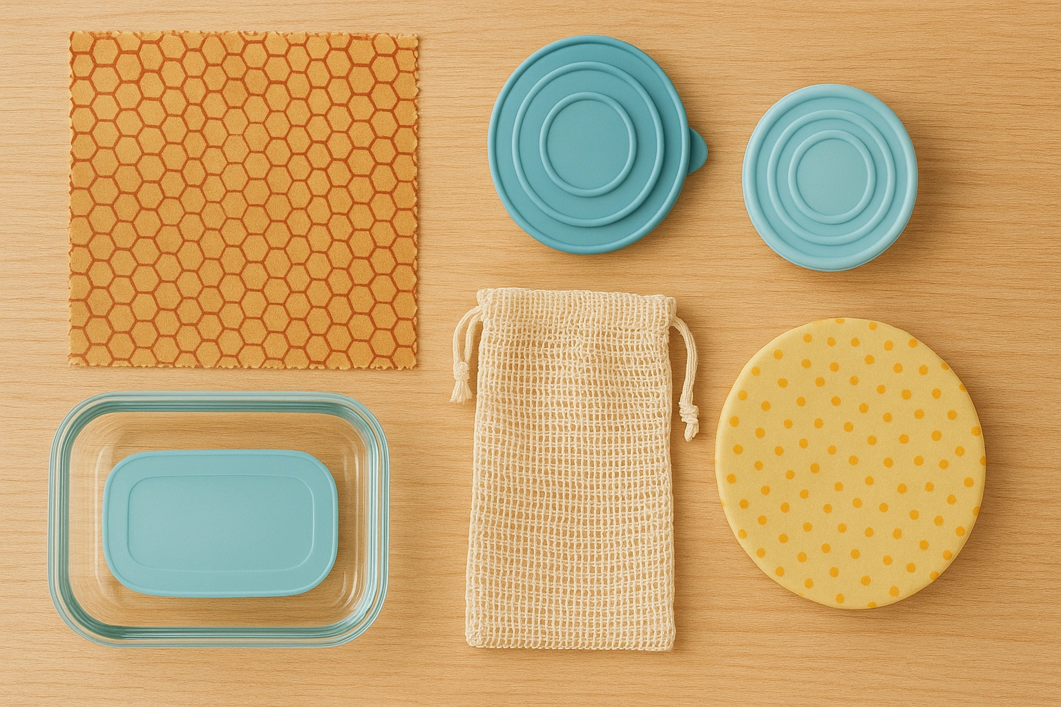 A collection of reusable kitchen items like beeswax wraps and silicone lids, essential waste reduction kitchen hacks.