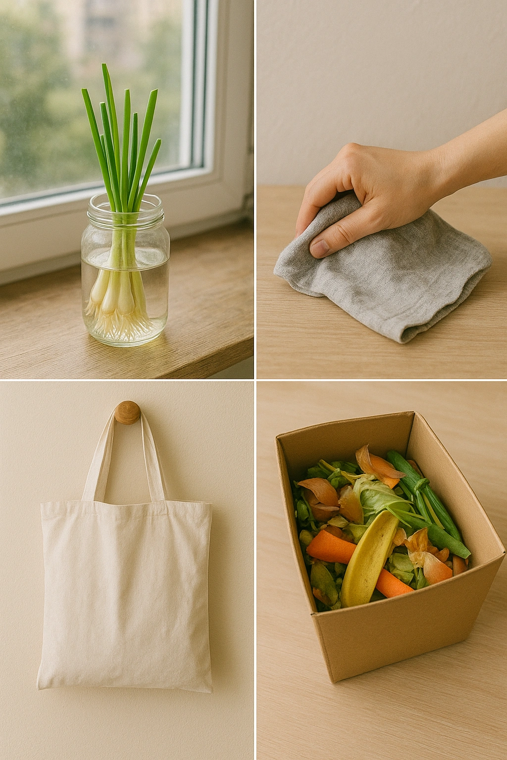 A collection of urban sustainability hacks in action, like regrowing green onions in a jar and using a repurposed t-shirt as a cleaning rag.