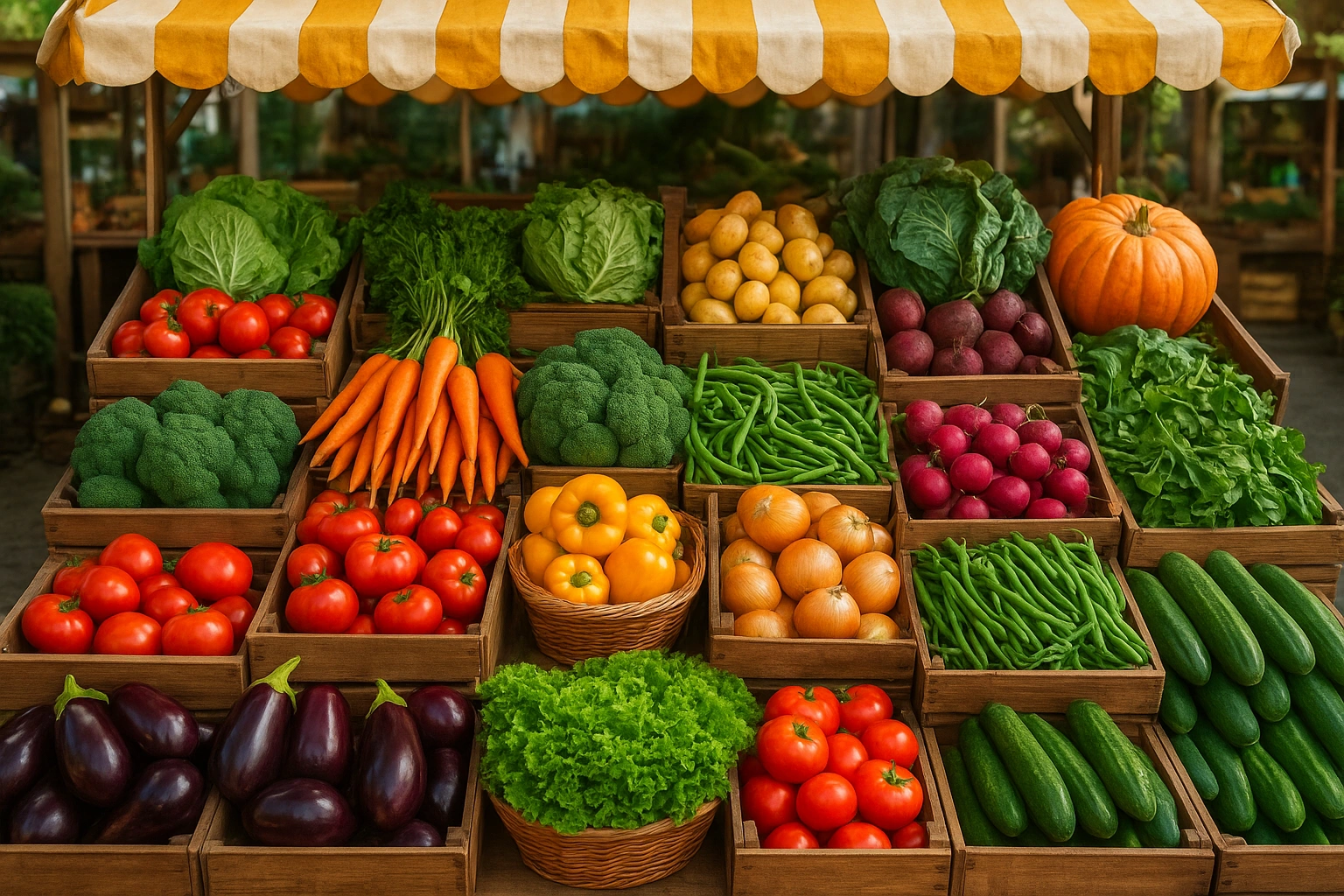 A colorful farmers' market stall overflowing with fresh, seasonal produce, representing local sustainable food choices.