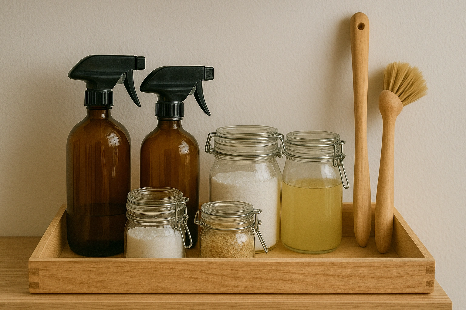 A compact DIY cleaning station with spray bottles and jars, perfect for a zero waste apartment.