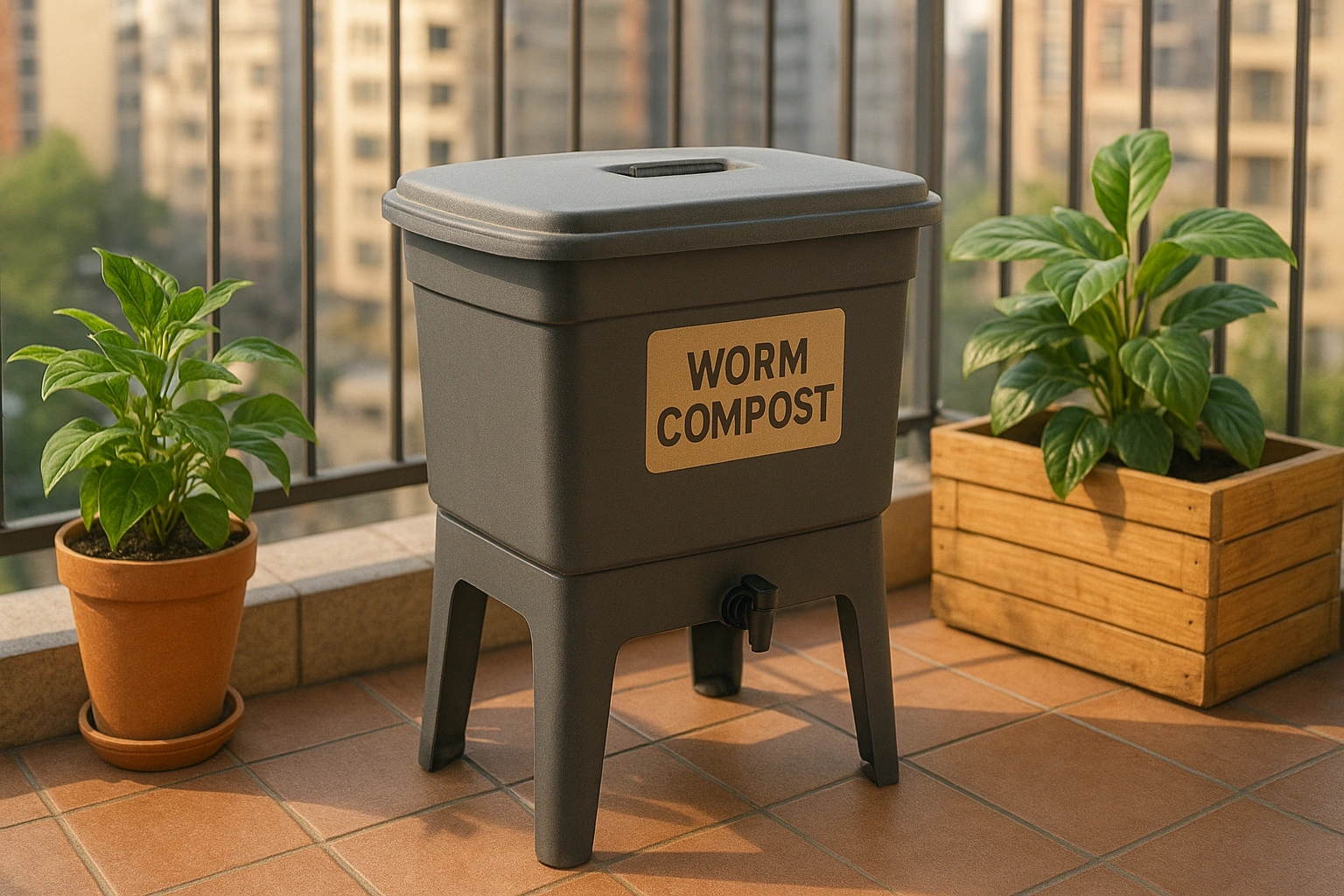 A compact worm compost bin suitable for an apartment balcony, a powerful eco friendly apartment living hack.