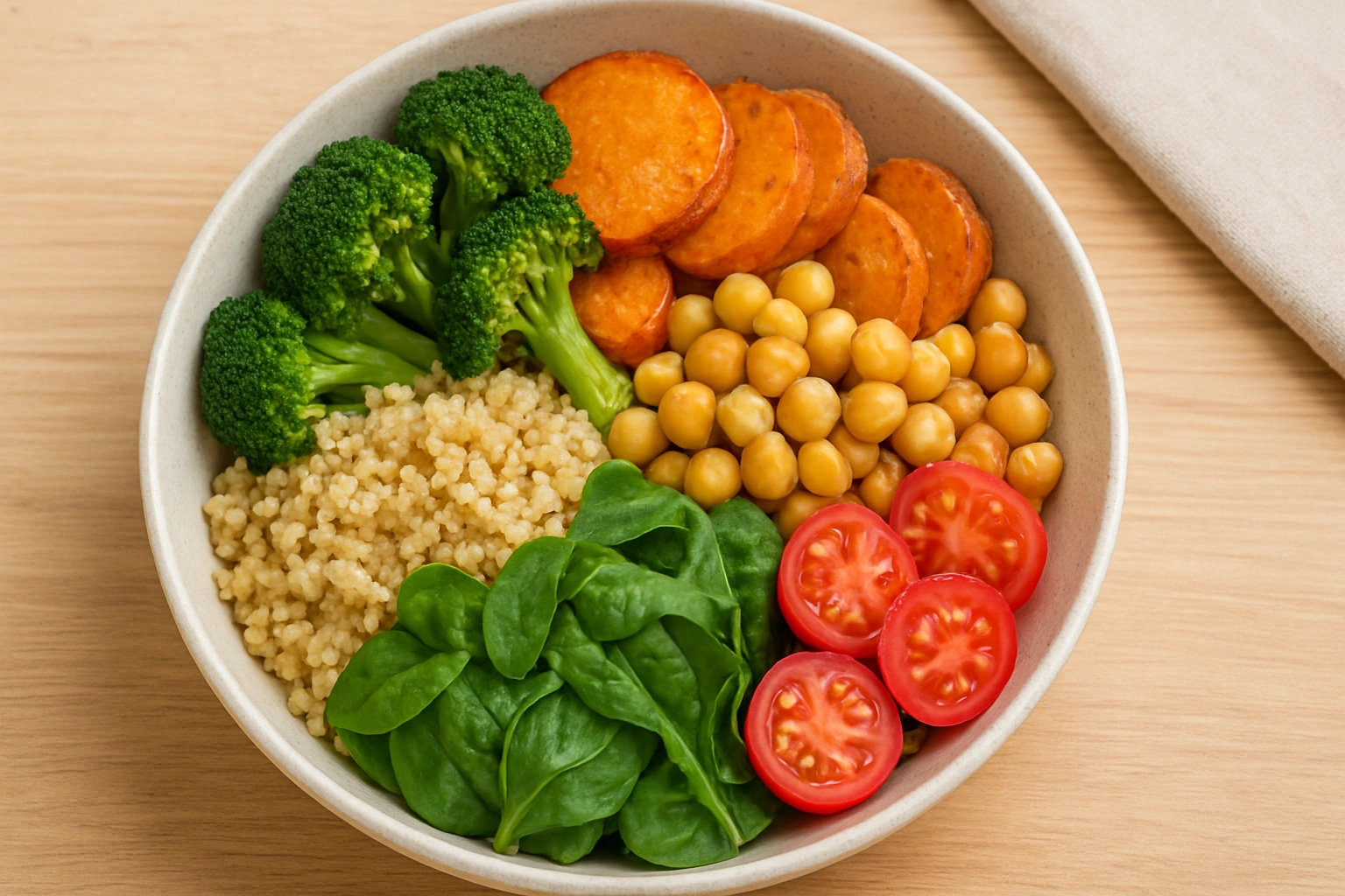 A delicious and colorful plant-based meal in a bowl, showcasing a key sustainable food choice.