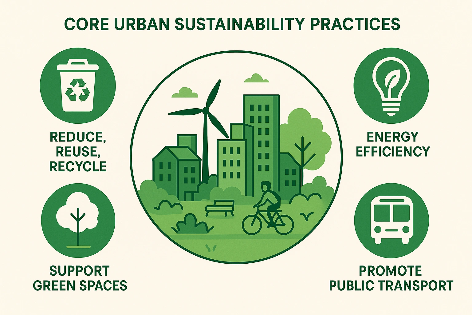 A diagram illustrating the core urban sustainability practices needed to foster a green city lifestyle.