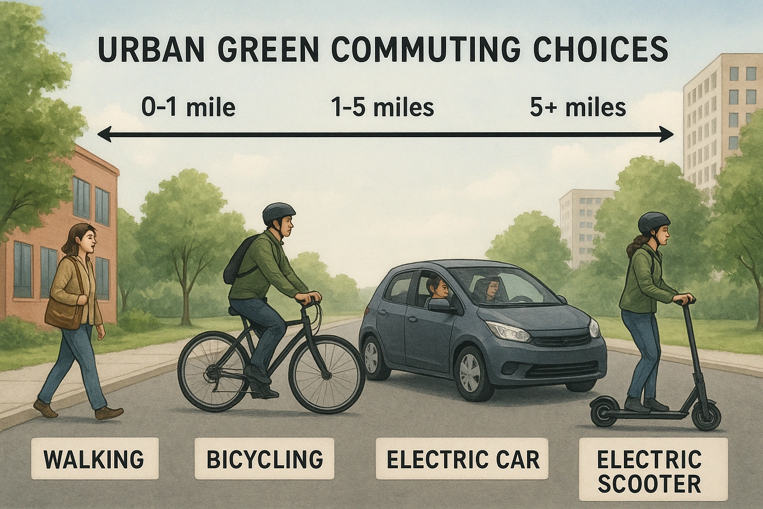 A diagram of urban green commuting choices, illustrating how different eco transport tips are suited for different distances.