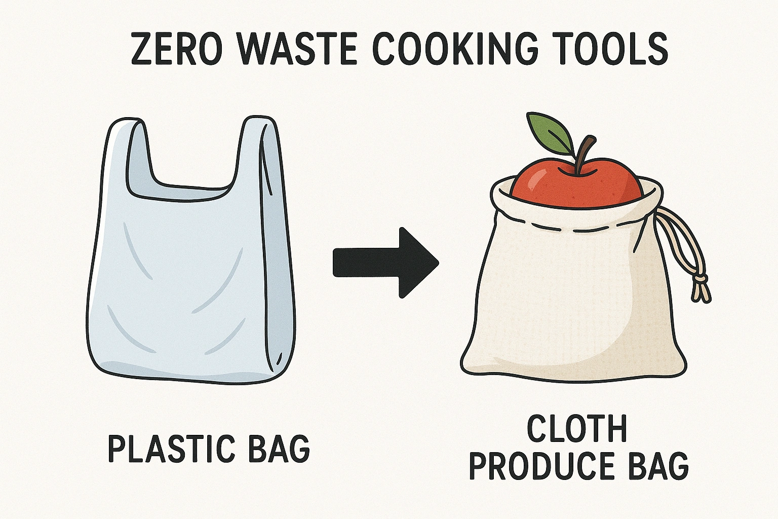 A diagram showing the concept of zero waste cooking tools, with a plastic bag being replaced by a reusable cloth produce bag.