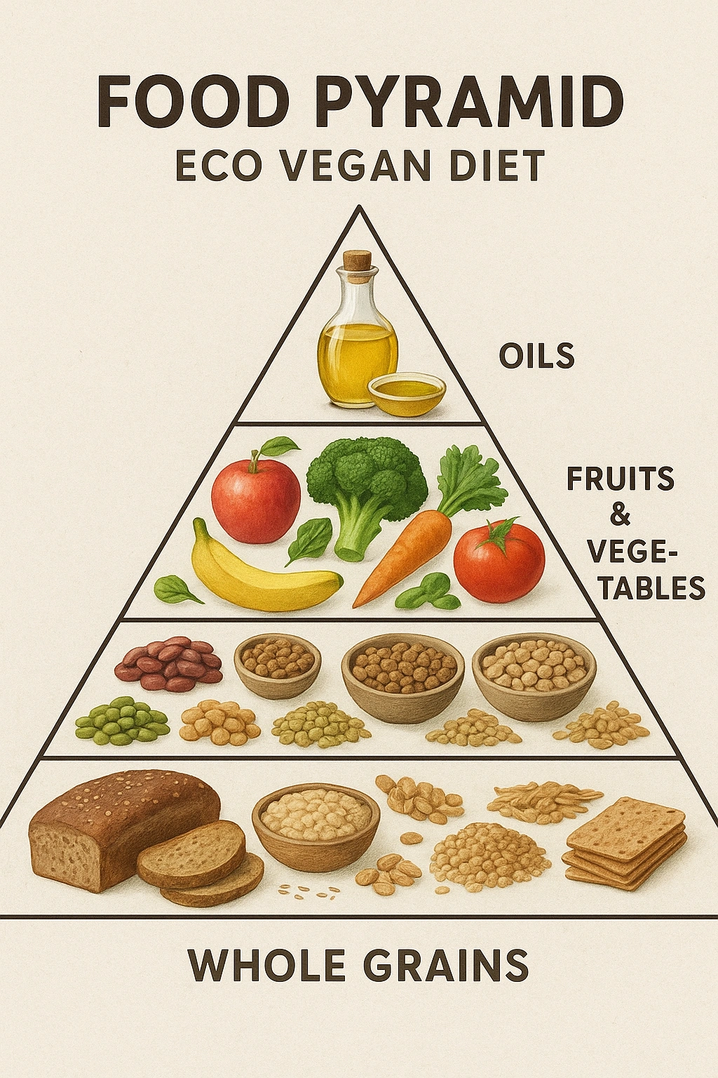 A diagram showing the food pyramid for eco vegan diet tips, with whole grains and legumes at the base.